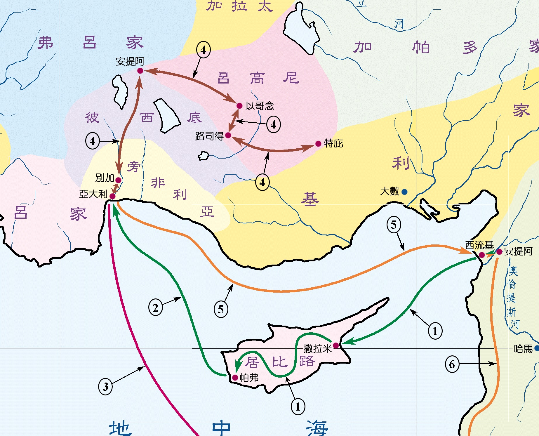 上图：使徒行传第十三章的主要地点：安提阿、西流基、撒拉米、帕弗、别加、彼西底的安提阿、以哥念。