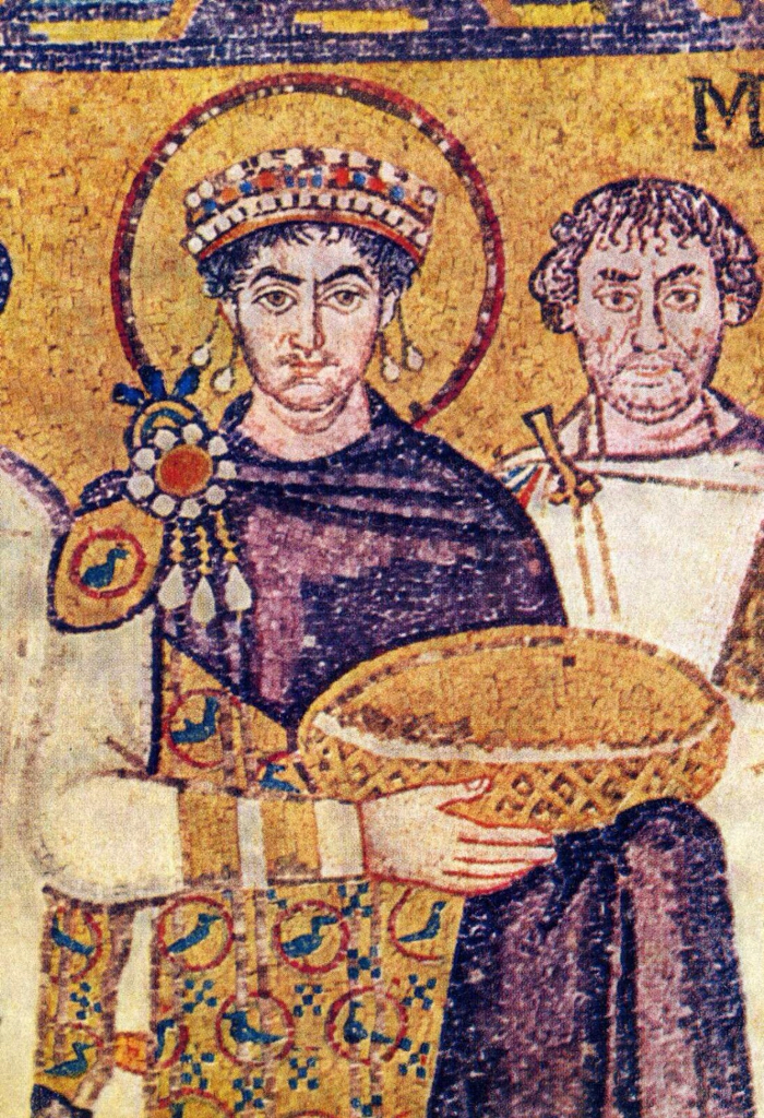 上图：东罗马帝国皇帝查士丁尼一世（Justinian I，主后527-565年在位），身穿推罗紫的王袍。