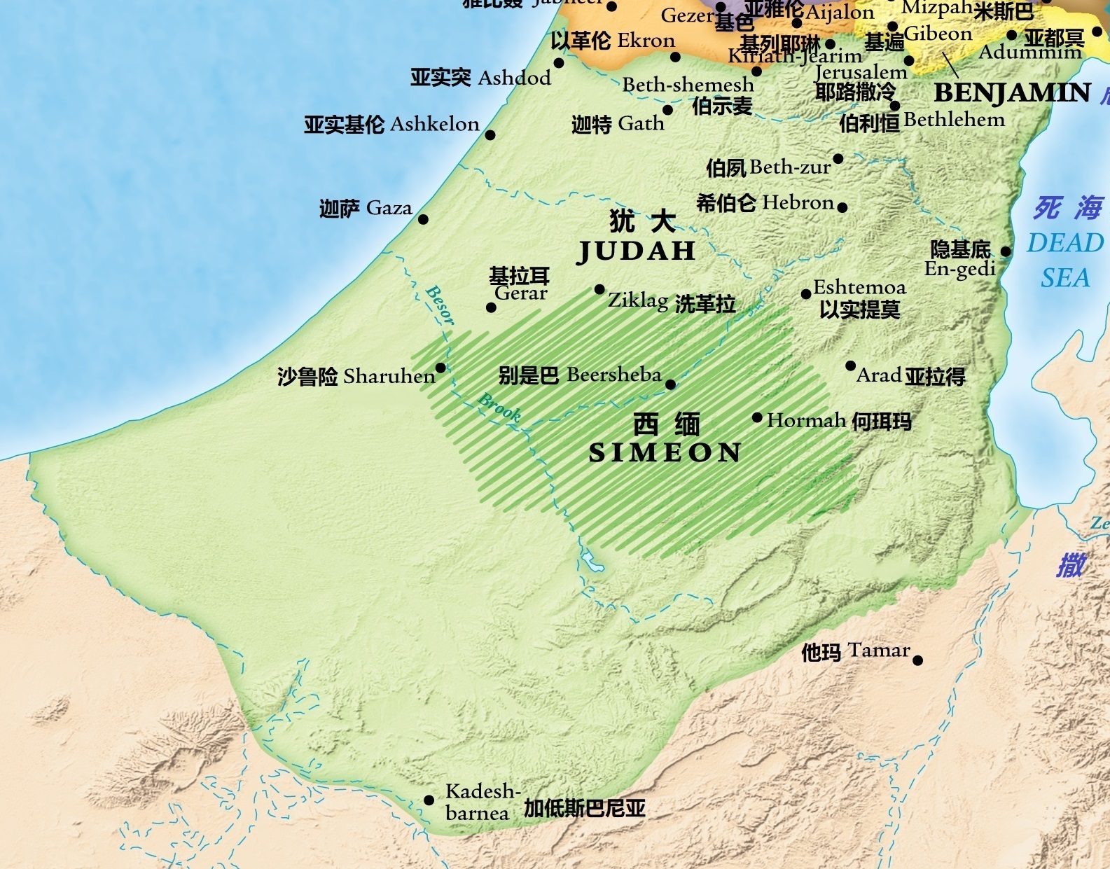 上图：犹大支派所分得的地业。