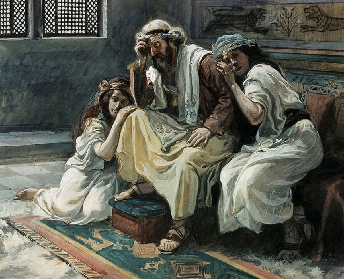 上图：19世纪末法国画家詹姆斯·迪索（James J. Tissot）的油画：大卫哀悼暗嫩。大卫一面为暗嫩的死难过，一面为押沙龙的流亡而牵肠挂肚。兄弟相争，受罪的都是父母；人类悖逆，忧伤的也是创造他们的神（创六6）。