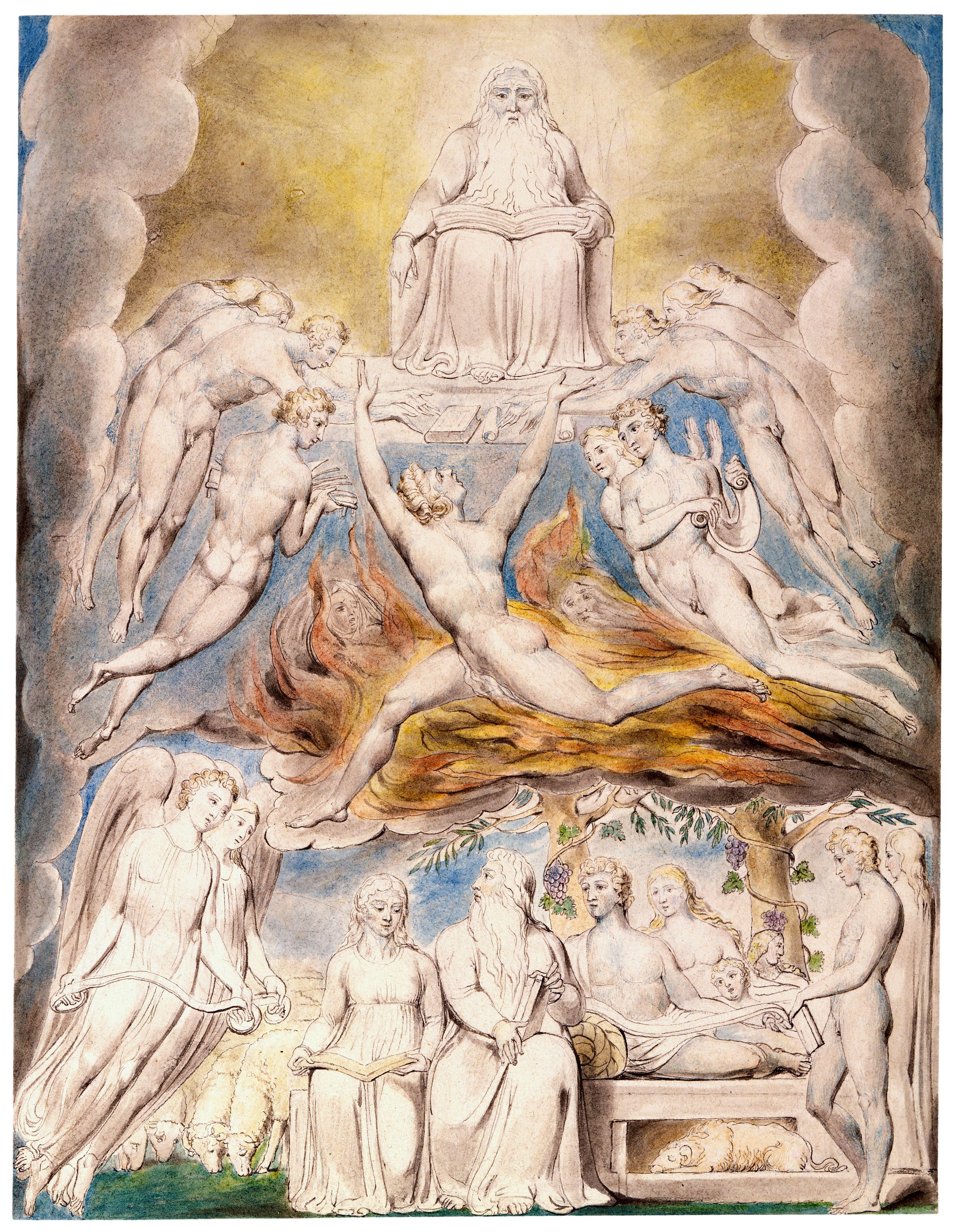 上图:英国诗人、画家威廉·布莱克(William Blake,1757-1827年)的版画《撒但在神的宝座前 Satan Before the Throne of God》,描绘「全能者仍与我同在,我的儿女都环绕我」(伯二十九5)。