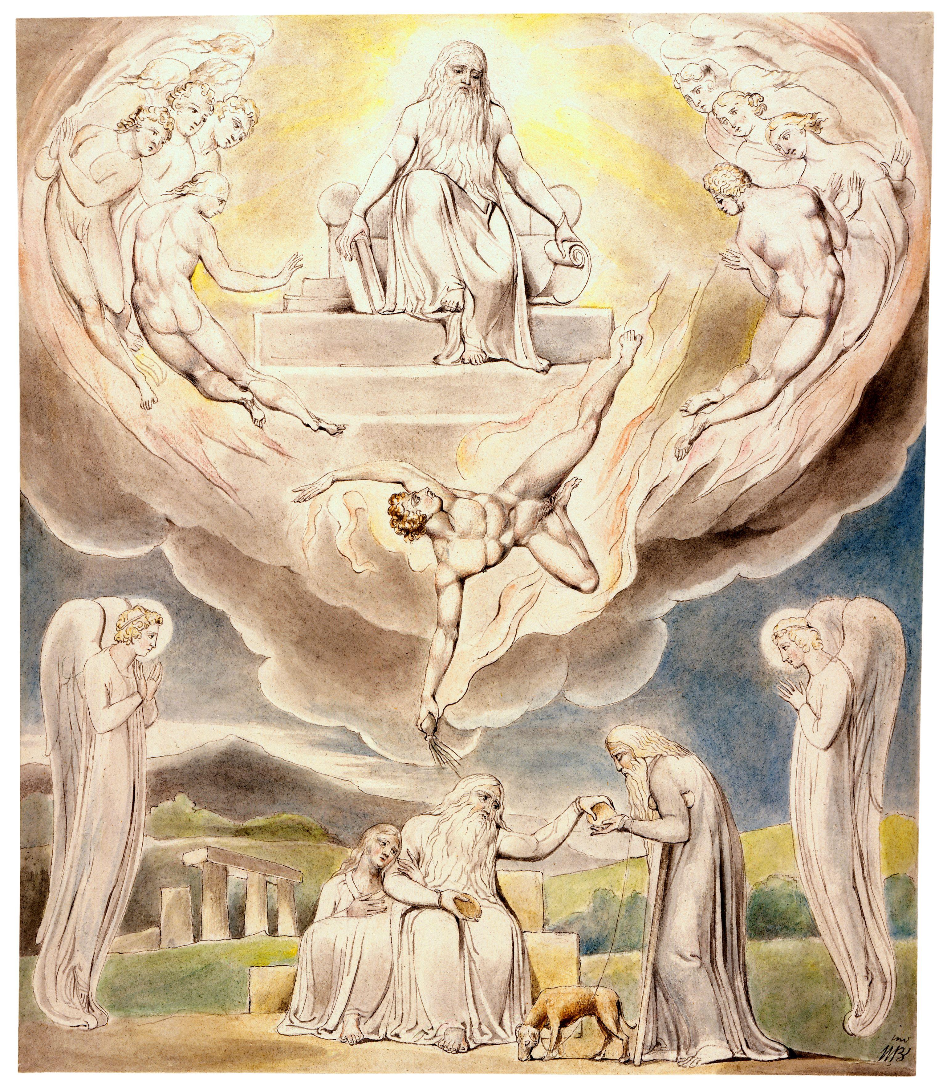 上图:英国诗人、画家威廉·布莱克(William Blake,1757-1827年)的版画《撒但从耶和华面前退去和约伯的慈善 Satan Going Forth from the Presence of the Lord and Job's Charity》,描绘「于是撒但从耶和华面前退去」(伯二7)。